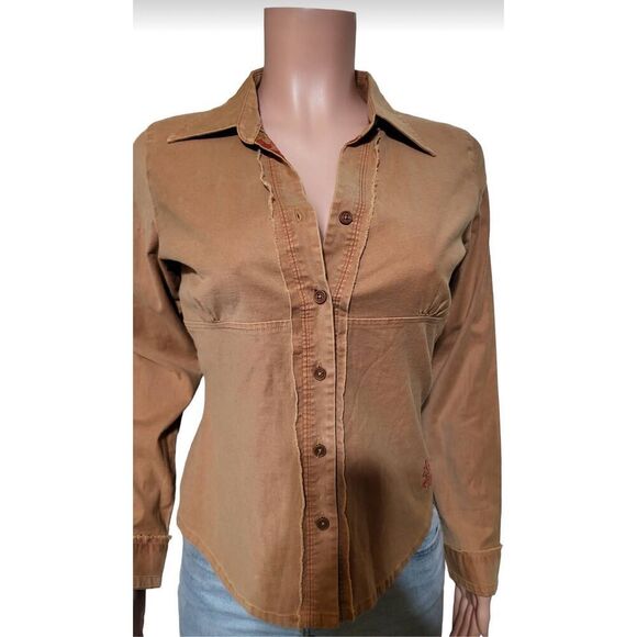 Women's long sleeve button-up raw edge biscuit shirt M - Picture 2 of 7